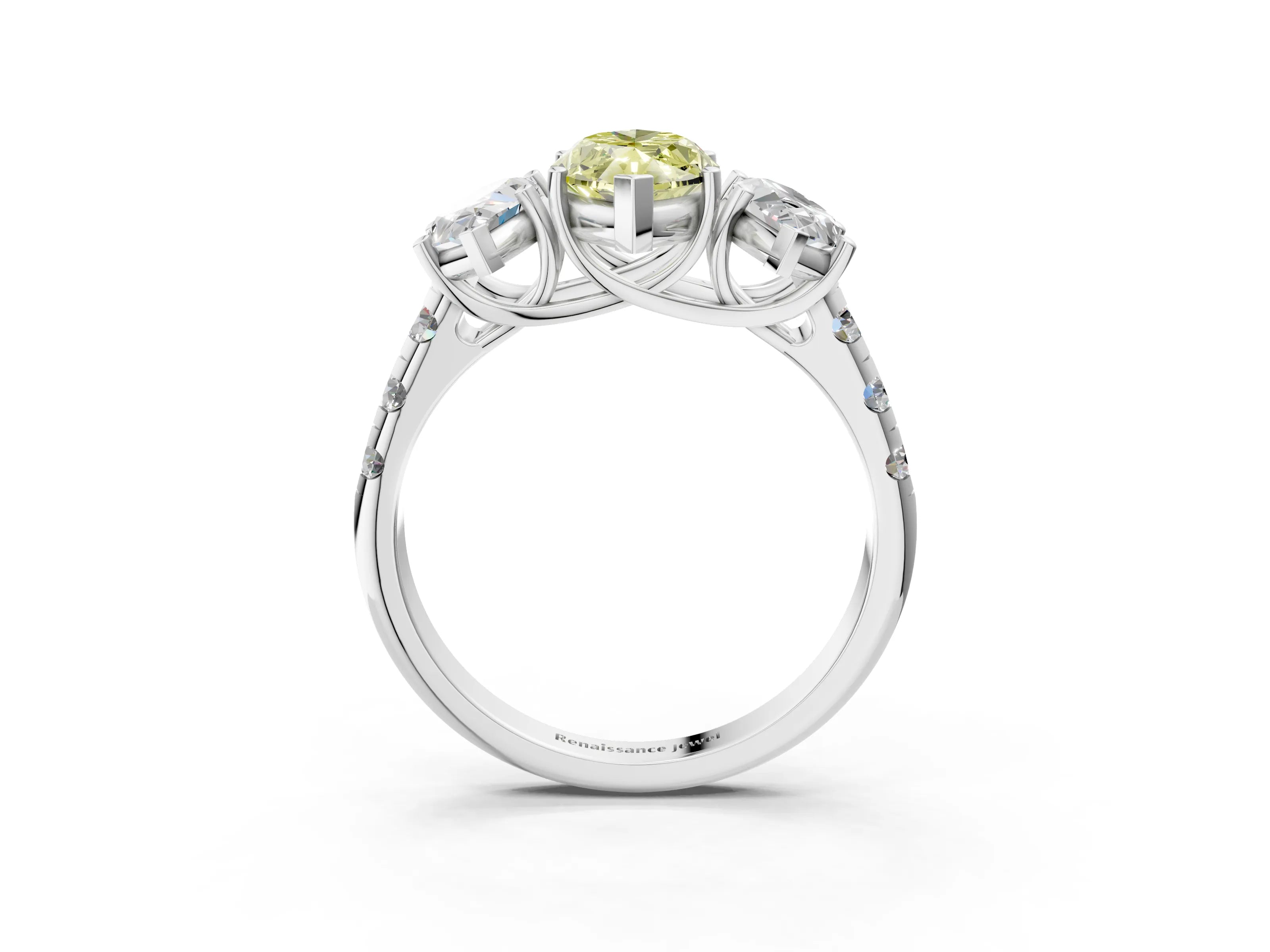 White gold Three-Stone Fancy Yellow Marquise Cut Diamond Pavé Band with Prong Setting_15