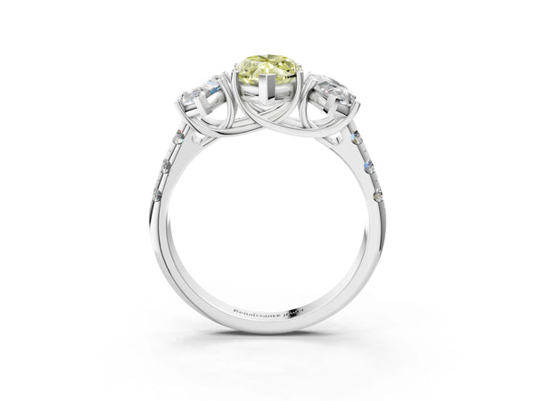 Platinum Three-Stone Fancy Yellow Marquise Cut Diamond Pavé Band with Prong Setting