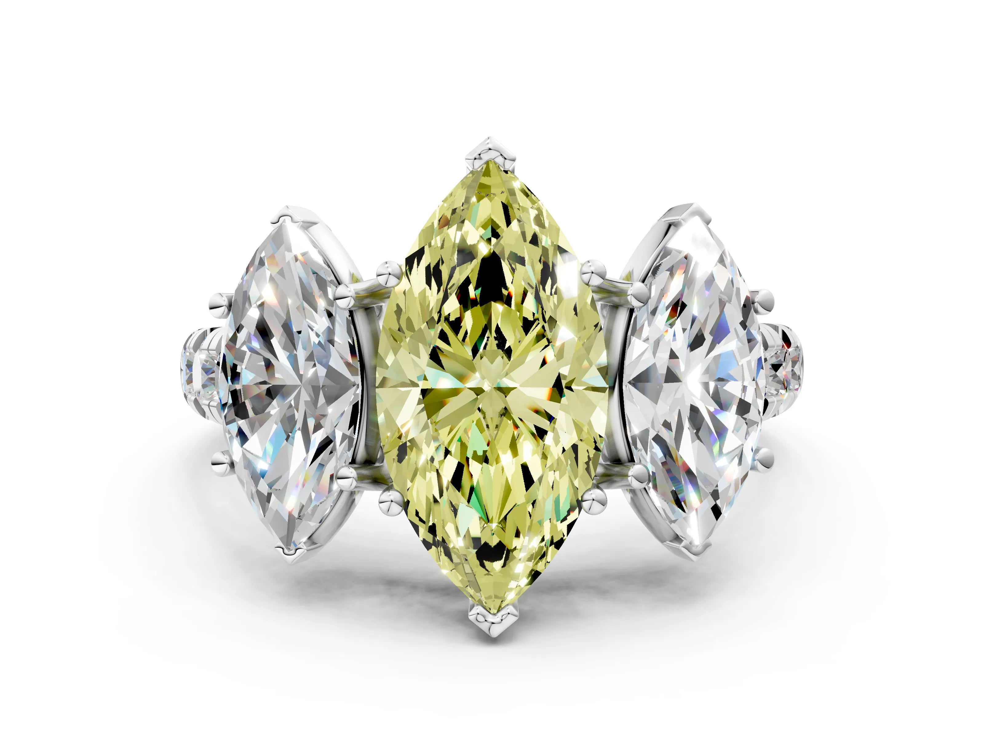 White gold Three-Stone Fancy Yellow Marquise Cut Diamond Pavé Band with Prong Setting