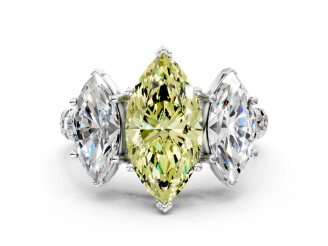 White gold Three-Stone Fancy Yellow Marquise Cut Diamond Pavé Band with Prong Setting