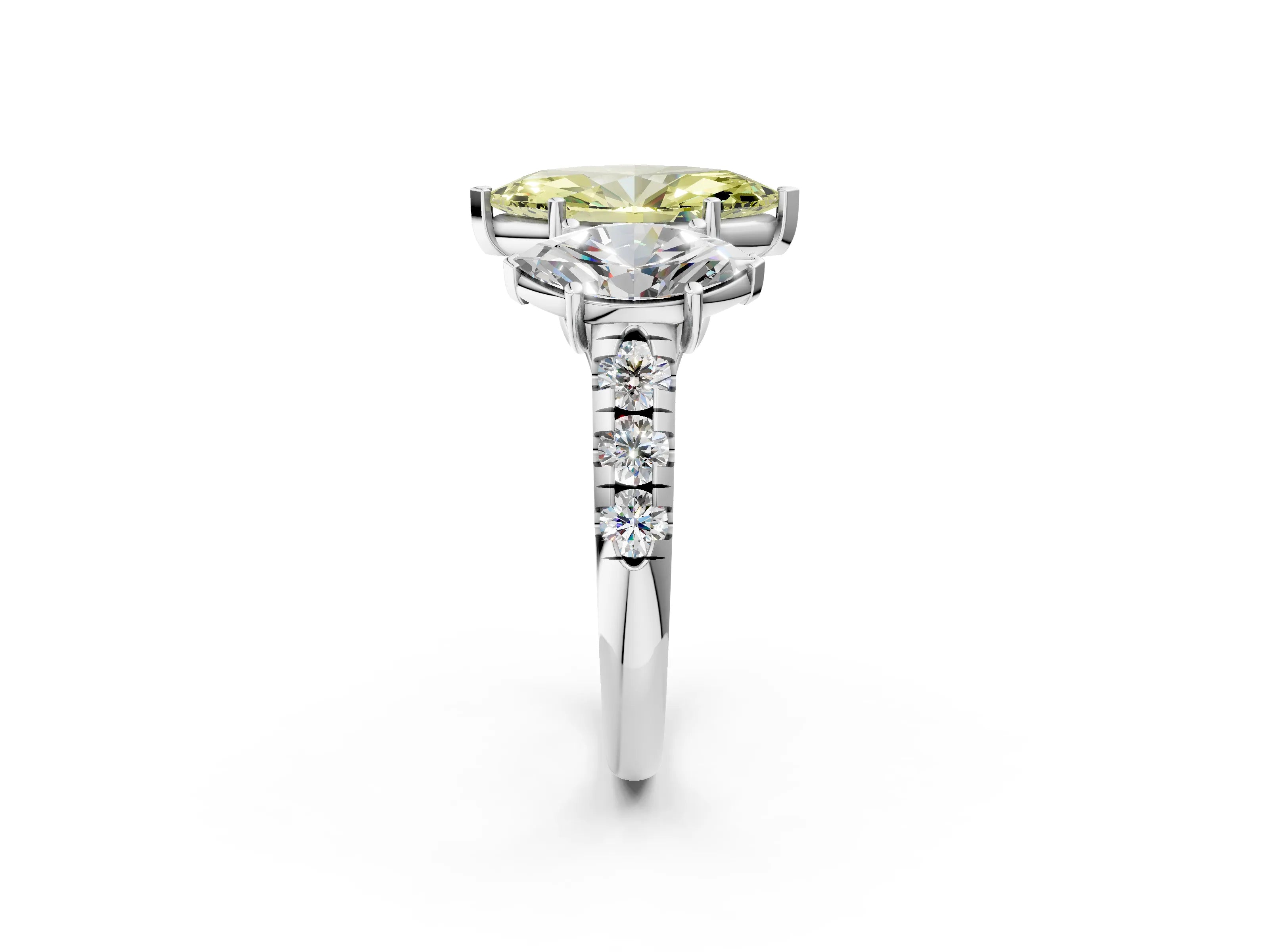 White gold Three-Stone Fancy Yellow Marquise Cut Diamond Pavé Band with Prong Setting_2