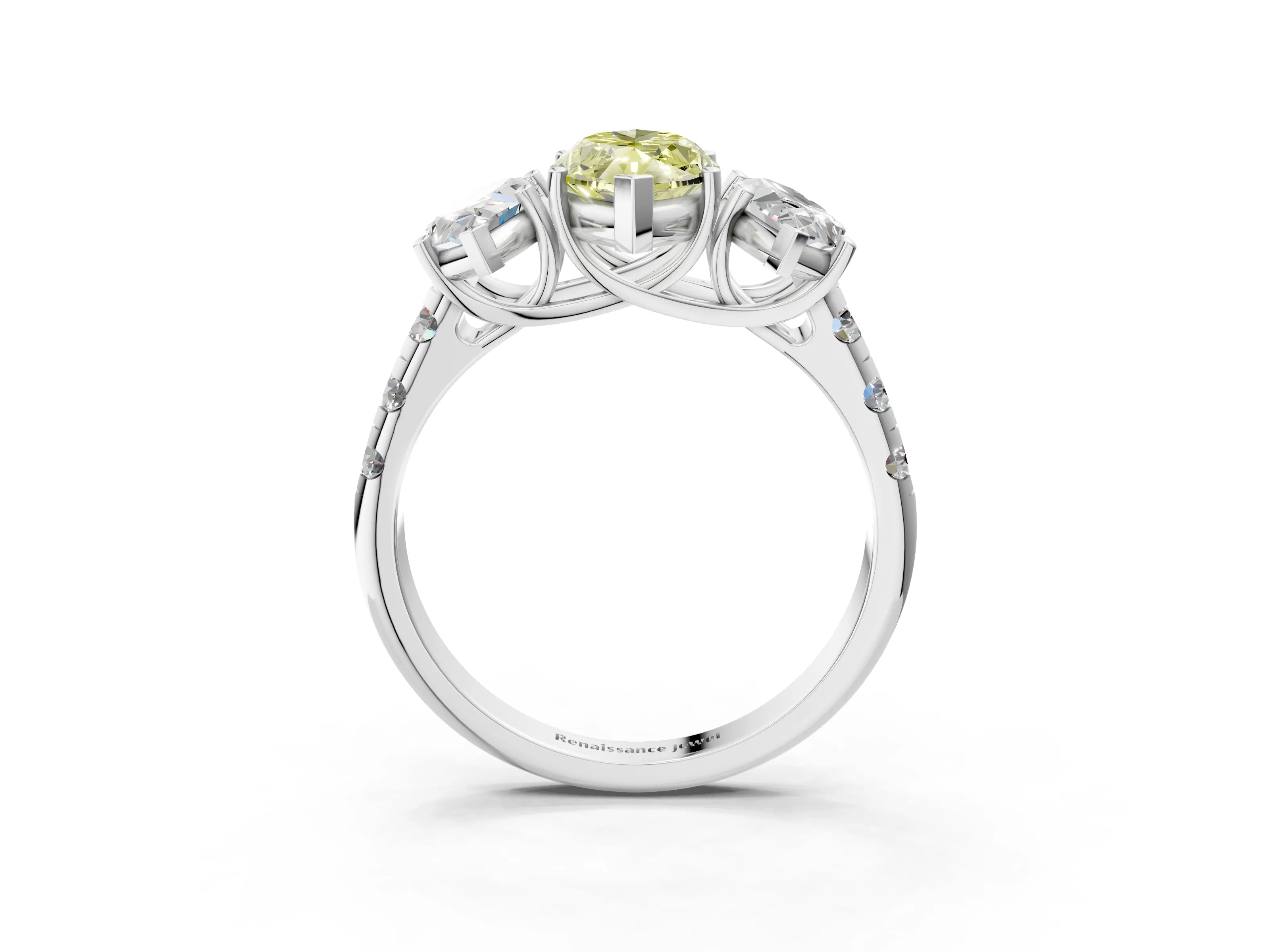 White gold Three-Stone Fancy Yellow Marquise Cut Diamond Pavé Band with Prong Setting_3