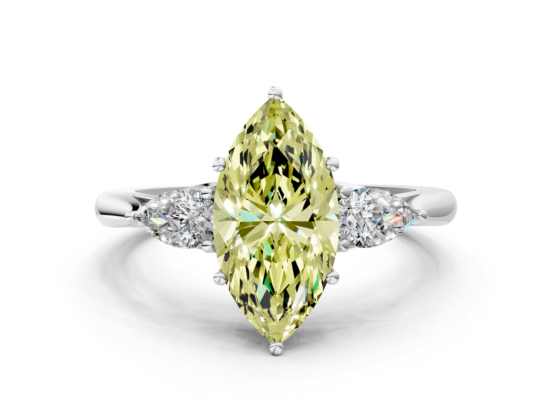 White gold Three-Stone Fancy Yellow Marquise  Cut Diamond Ring with Pear Side Stones in Four-Prong Setting