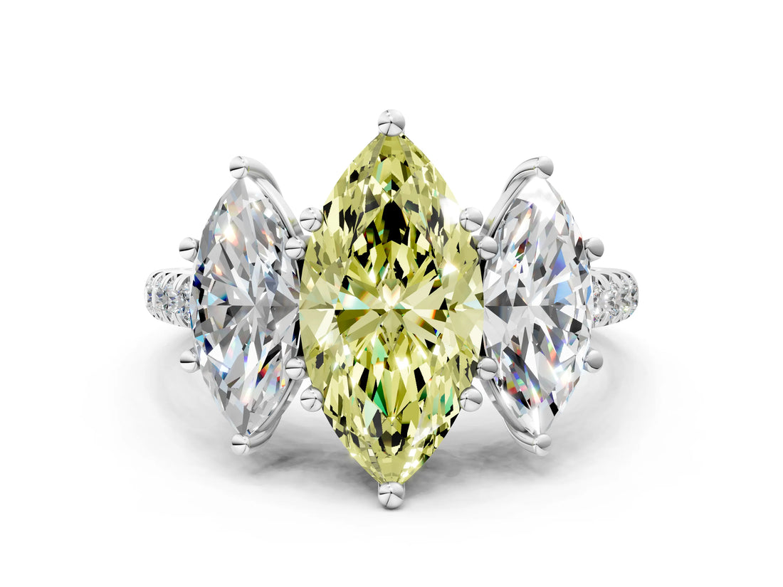 White gold Three-Stone Fancy Yellow Marquise Cut Diamond Ring with Round  Pavé Band and Prong Setting_129