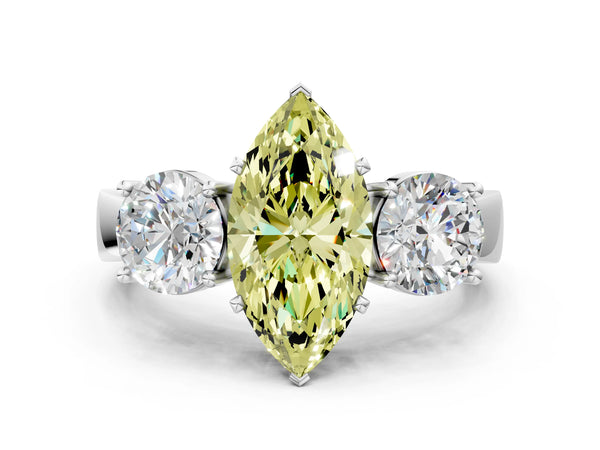 Platinum Three-Stone Fancy Yellow Marquise Cut Diamond Ring with Round Side Stones, Classic Band, and Four-Prong Setting
