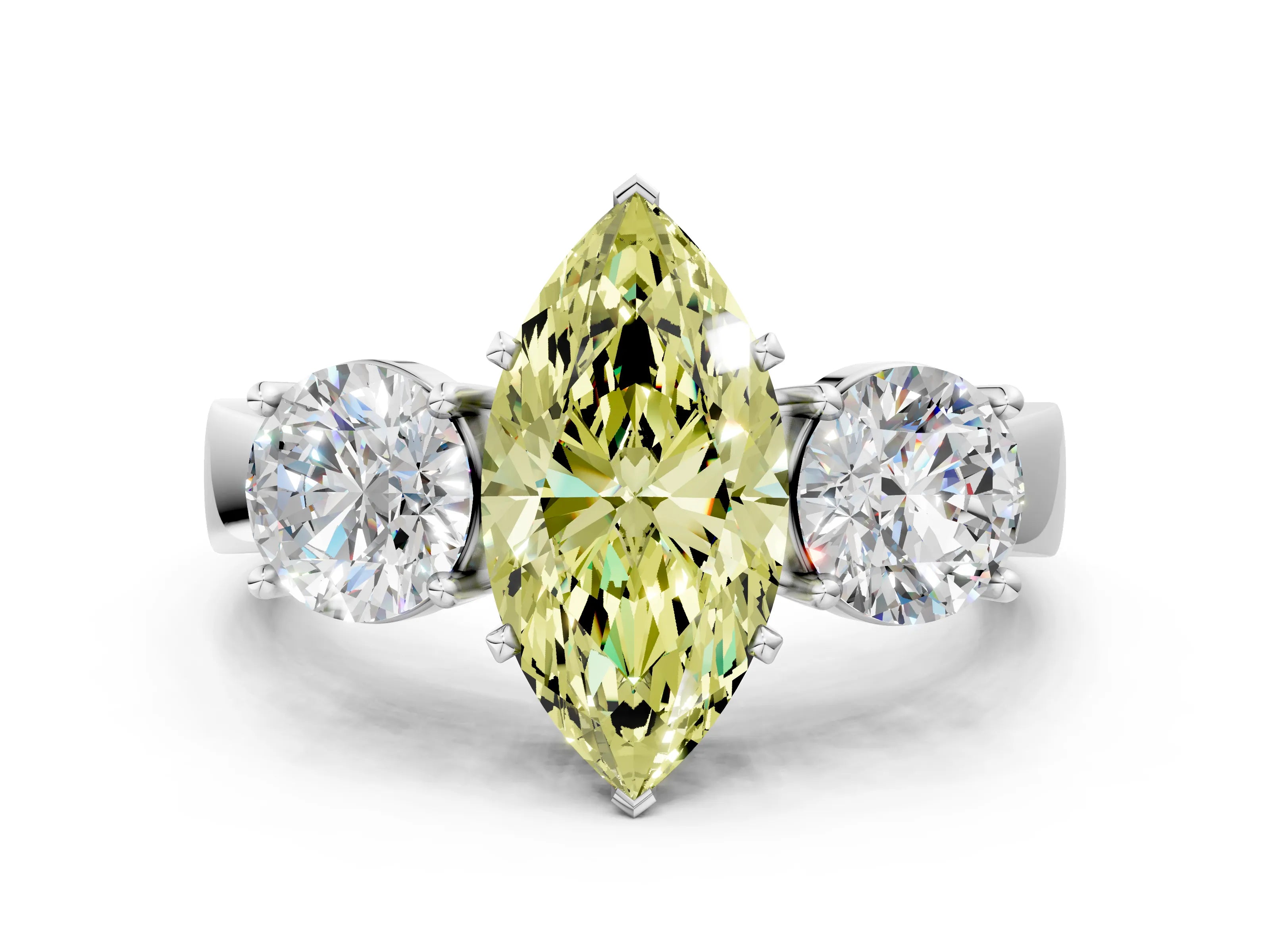 White gold Three-Stone Fancy Yellow Marquise Cut Diamond Ring with Round Side Stones, Classic Band, and Four-Prong Setting_36