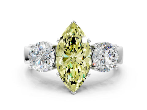 White gold Three-Stone Fancy Yellow Marquise Cut Diamond Ring with Round Side Stones, Classic Band, and Four-Prong Setting_36