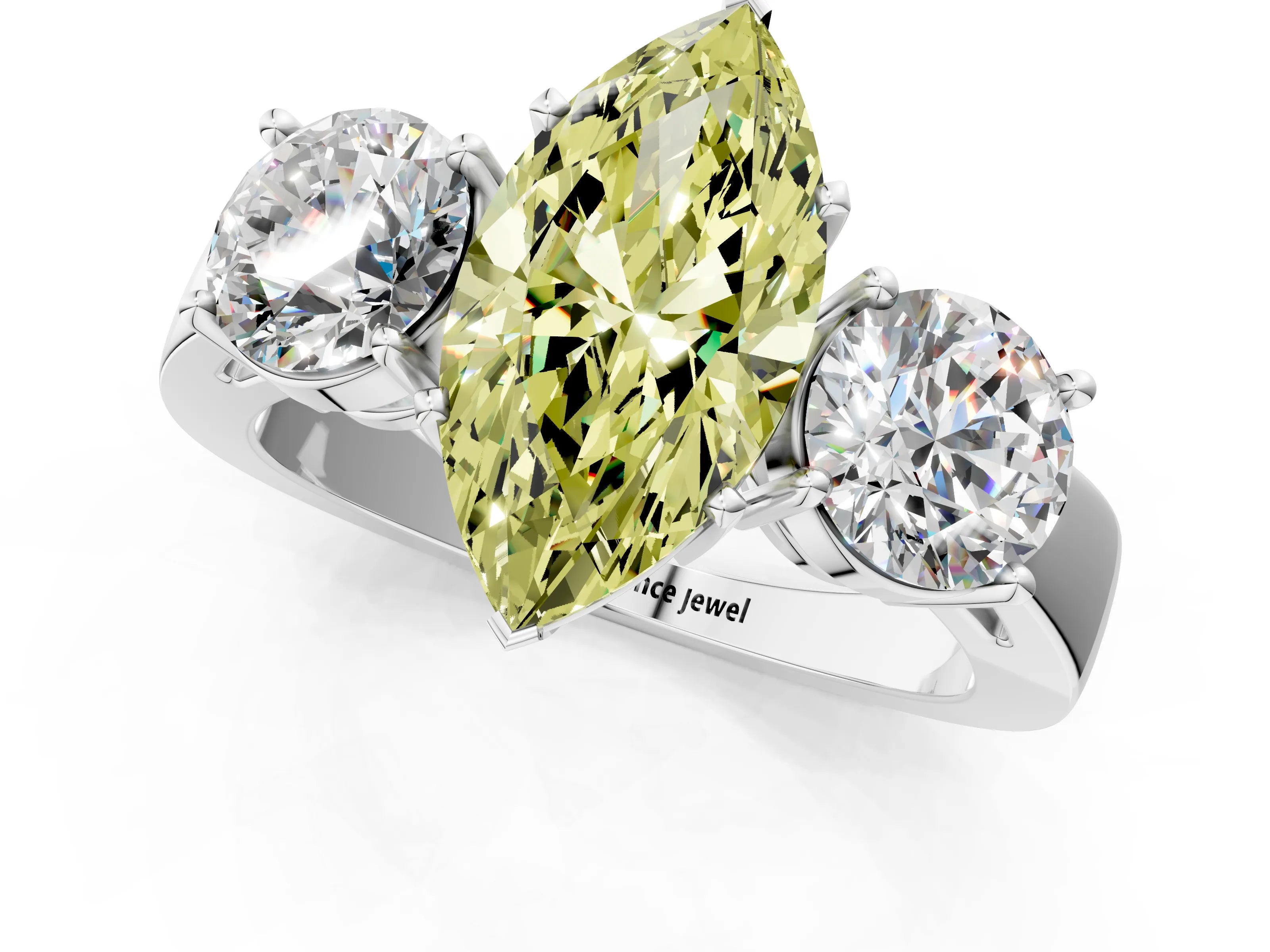 White gold Three-Stone Fancy Yellow Marquise Cut Diamond Ring with Round Side Stones, Classic Band, and Four-Prong Setting_37
