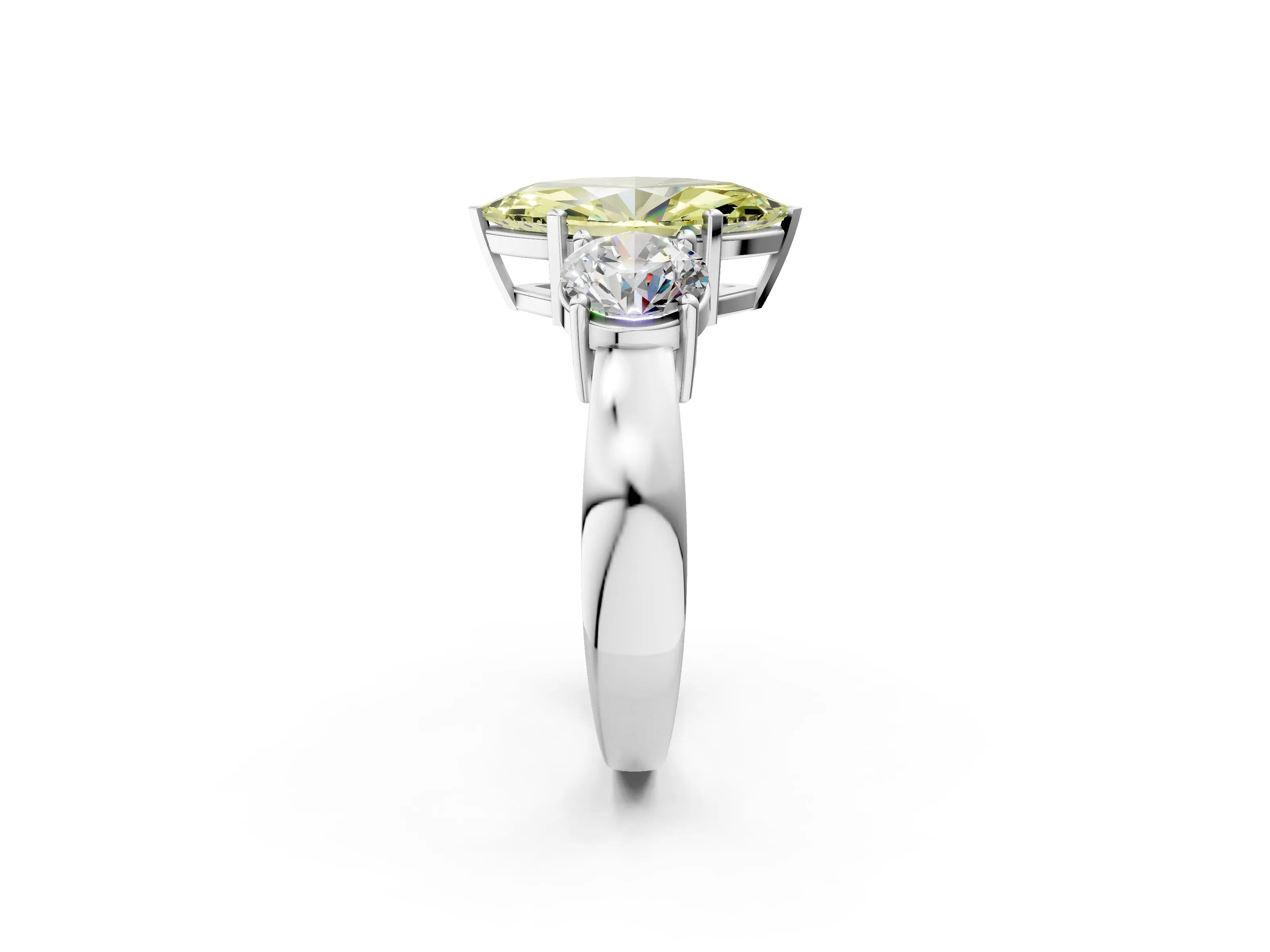 White gold Three-Stone Fancy Yellow Marquise Cut Diamond Ring with Round Side Stones, Classic Band, and Four-Prong Setting_38