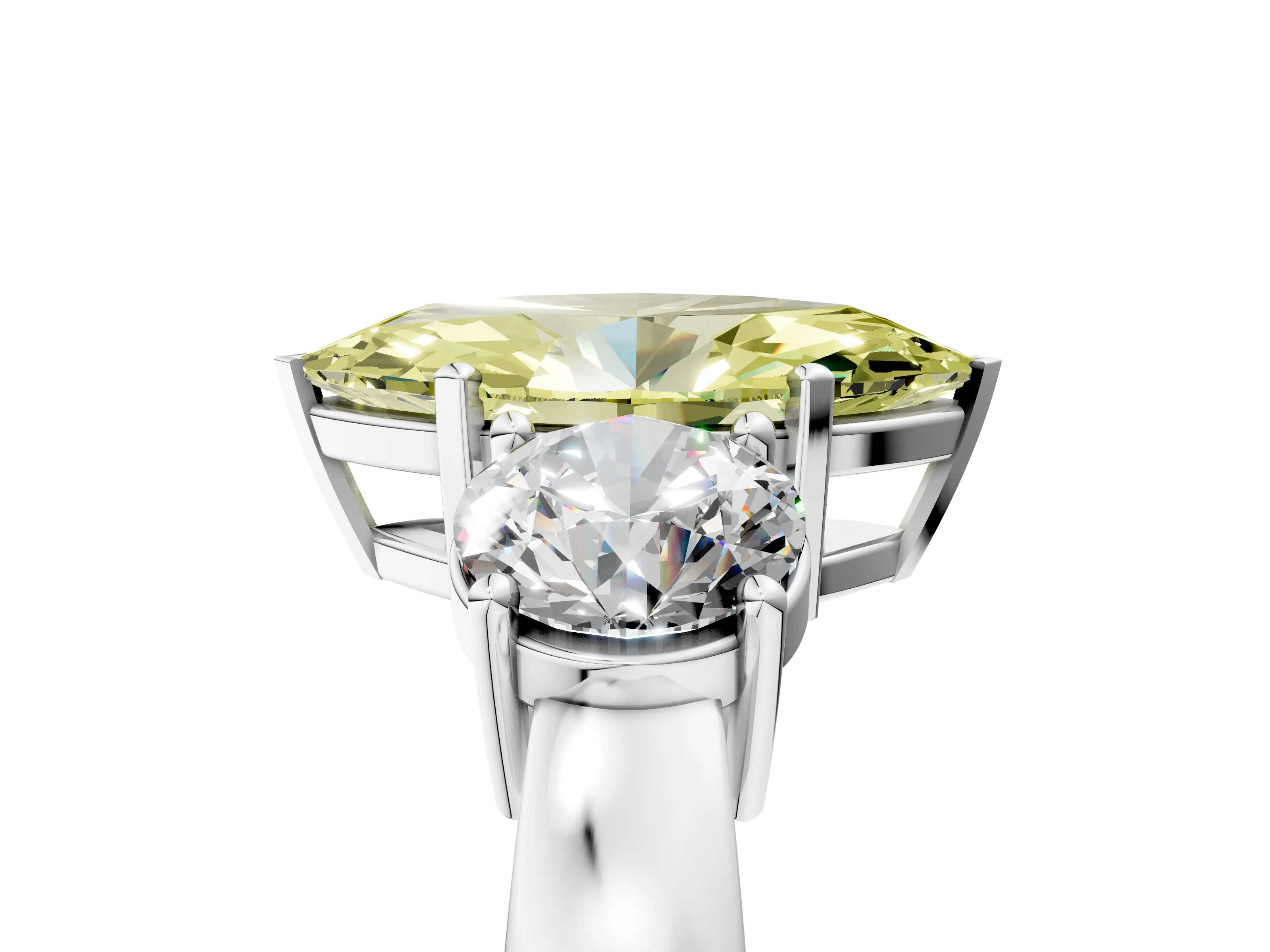 White gold Three-Stone Fancy Yellow Marquise Cut Diamond Ring with Round Side Stones, Classic Band, and Four-Prong Setting_41