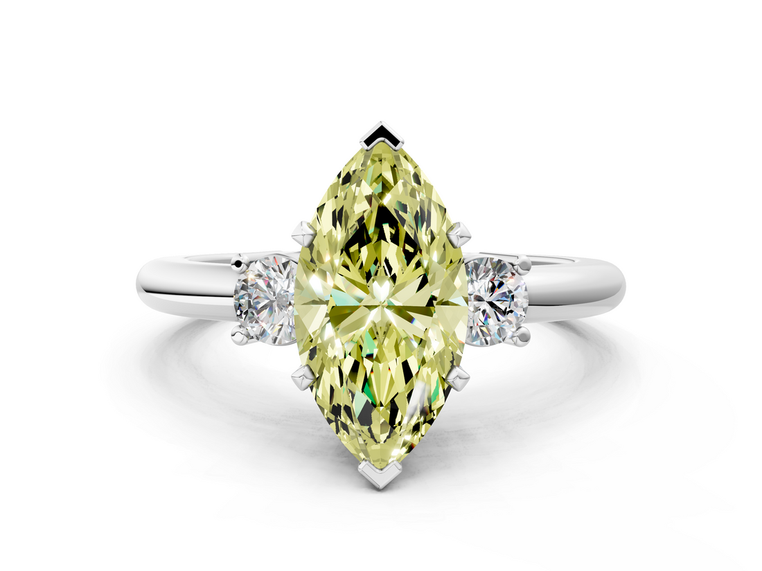 White gold Three-Stone Fancy Yellow Marquise  Cut Diamond Solitaire with Prong Setting and Classic Band