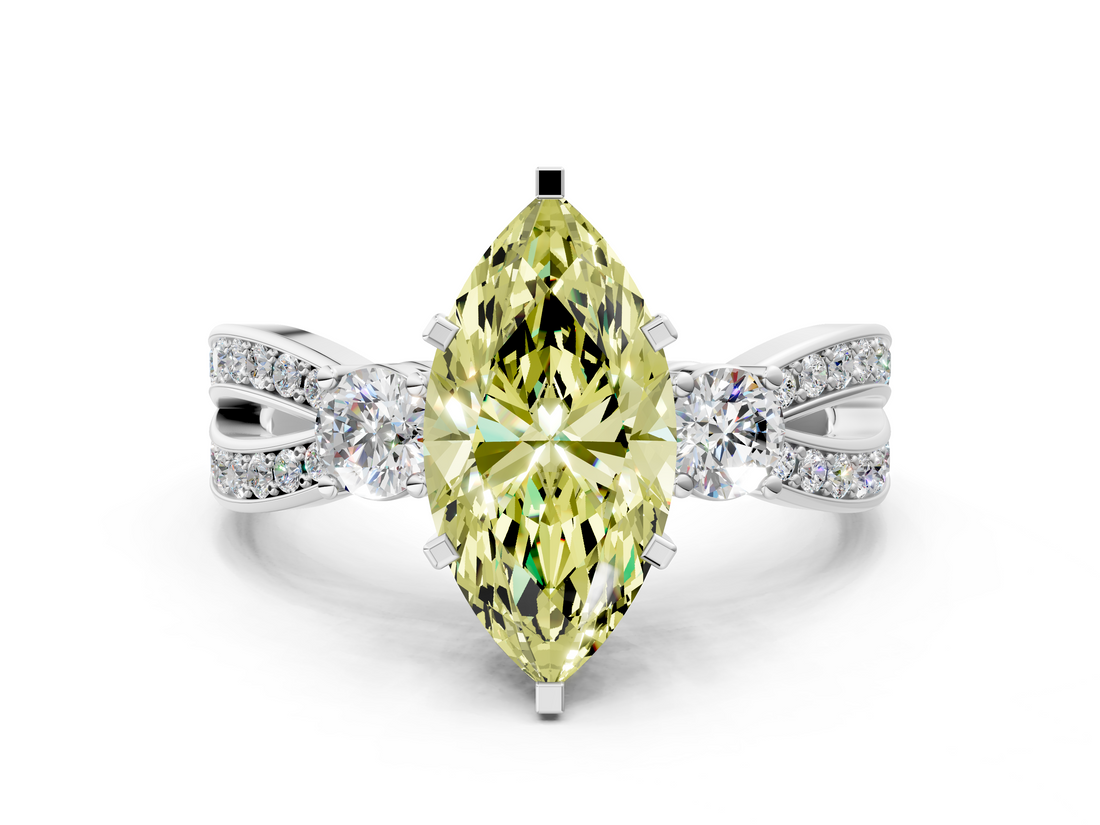 White gold Three-Stone Fancy Yellow Marquise  Cut Diamond Twist Band with Prong Setting