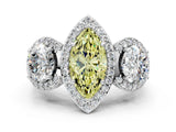 White gold Three-Stone Fancy Yellow Marquise Cut Halo Diamond Milgrain Band with Four-Prong Setting