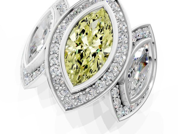 White gold Three-Stone Fancy Yellow Marquise Cut Halo Pavé Diamond Ring