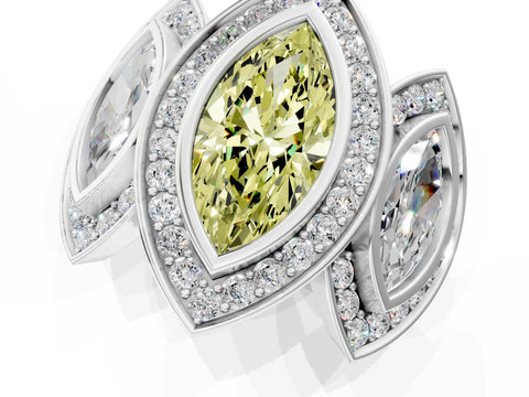White gold Three-Stone Fancy Yellow Marquise Cut Halo Pavé Diamond Ring_1