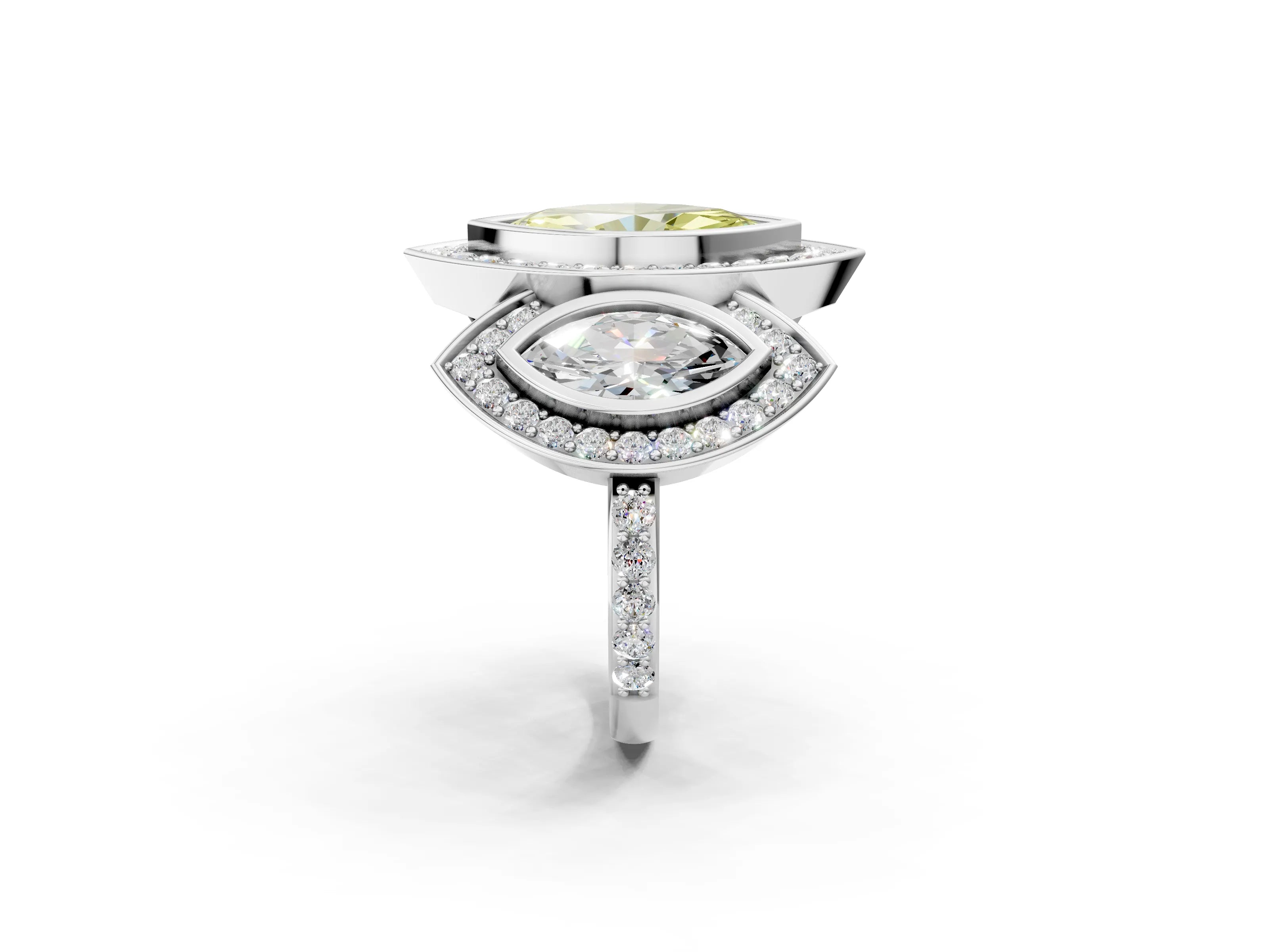 White gold Three-Stone Fancy Yellow Marquise Cut Halo Pavé Diamond Ring_2