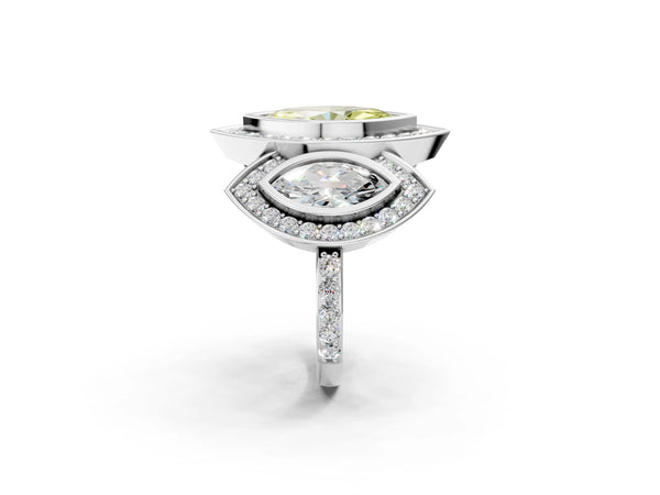 White gold Three-Stone Fancy Yellow Marquise Cut Halo Pavé Diamond Ring