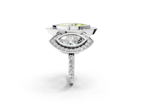 White gold Three-Stone Fancy Yellow Marquise Cut Halo Pavé Diamond Ring_2