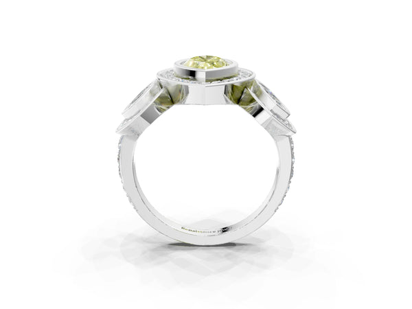 White gold Three-Stone Fancy Yellow Marquise Cut Halo Pavé Diamond Ring