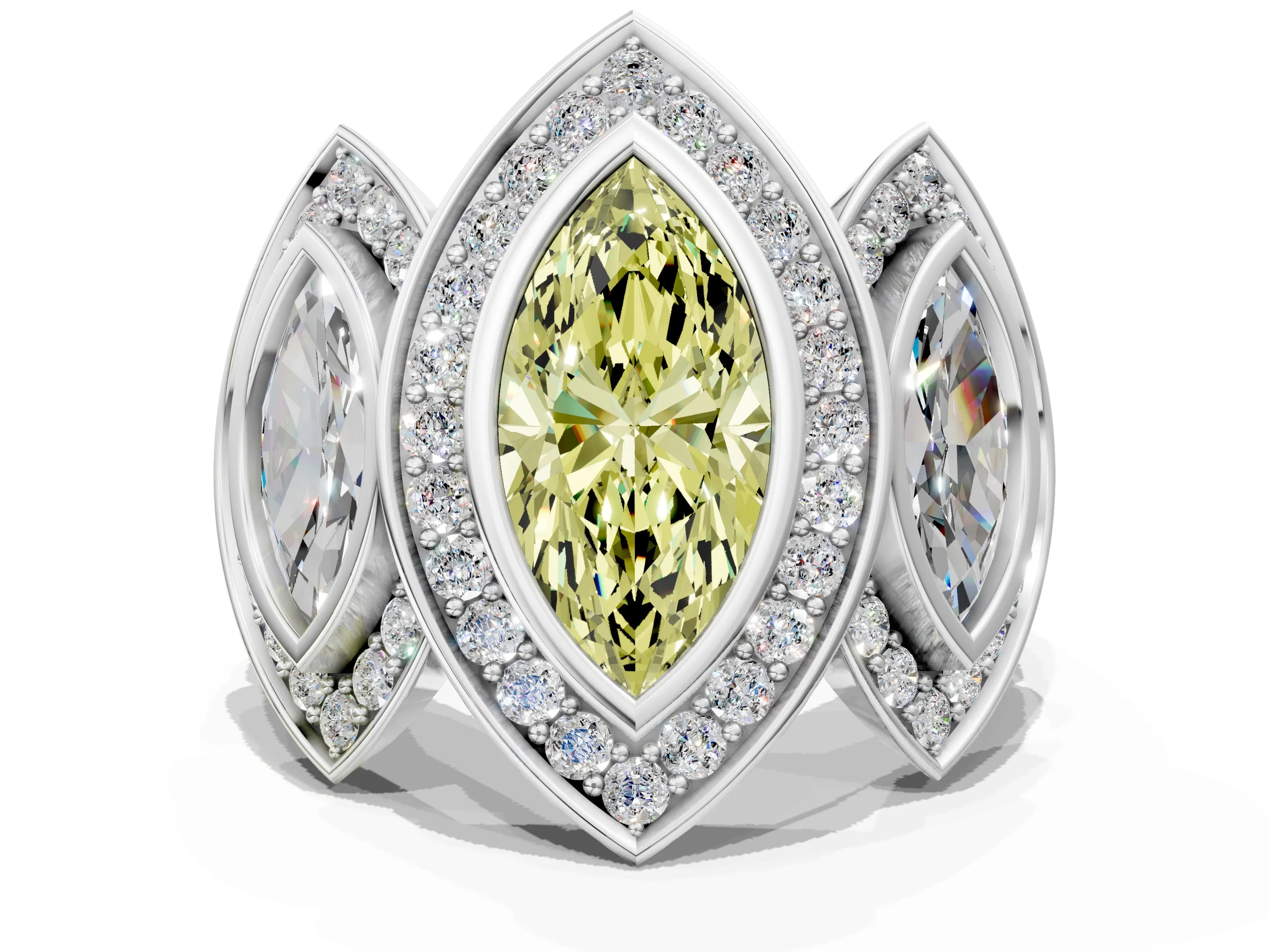 White gold Three-Stone Fancy Yellow Marquise Cut Halo Pavé Diamond Ring