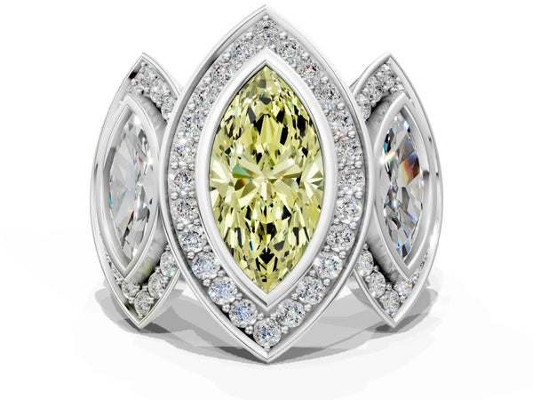 White gold Three-Stone Fancy Yellow Marquise Cut Halo Pavé Diamond Ring