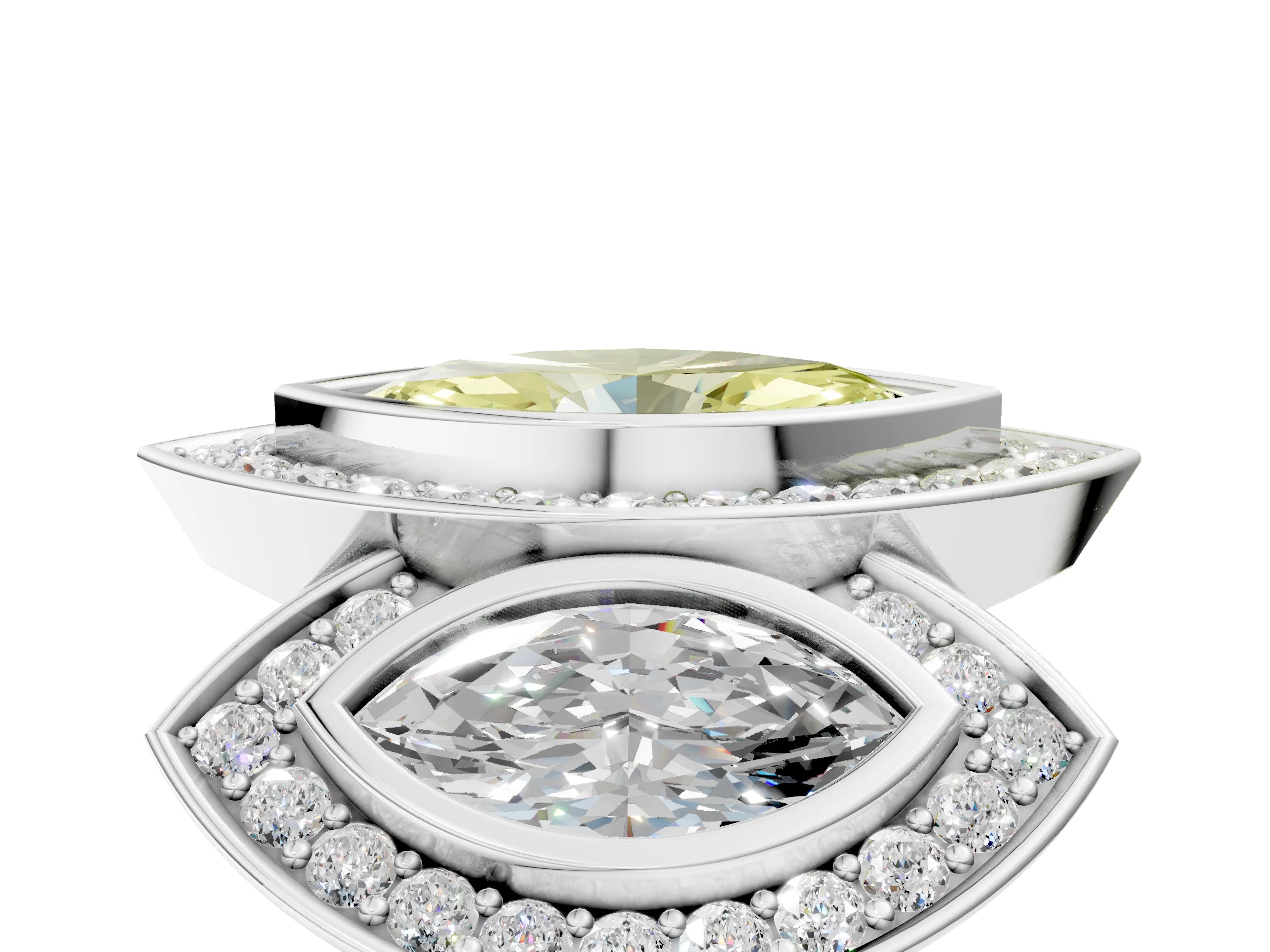 White gold Three-Stone Fancy Yellow Marquise Cut Halo Pavé Diamond Ring_5