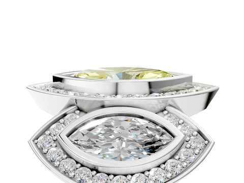 White gold Three-Stone Fancy Yellow Marquise Cut Halo Pavé Diamond Ring_5