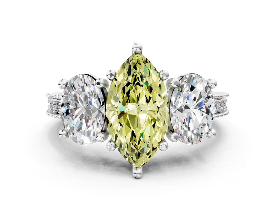 White gold Three-Stone Fancy Yellow Marquise  Diamond Milgrain Pave Band with Prong Setting 1