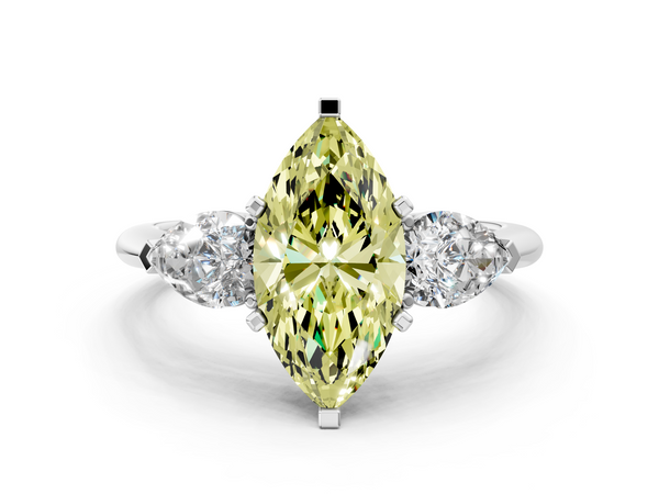 Platinum Three-Stone Fancy Yellow Marquise Cut Diamond Ring with Pear Side Stones and Four-Prong Setting