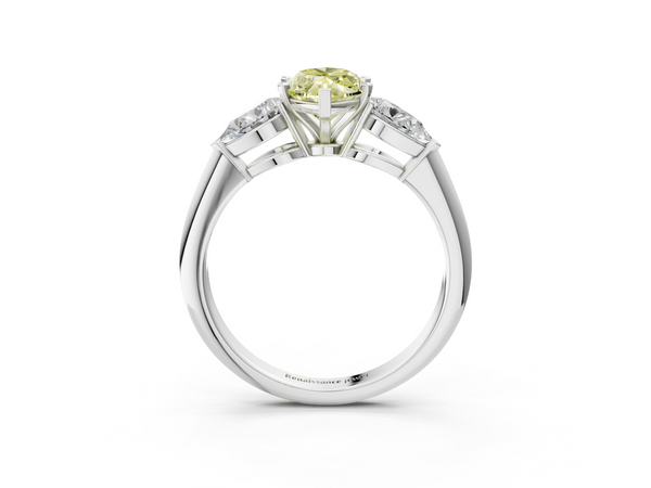 Platinum Three-Stone Fancy Yellow Marquise Cut Diamond Ring with Pear Side Stones and Four-Prong Setting