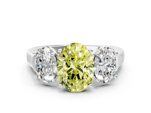 Platinum Three-Stone Fancy Yellow Oval Cut Brilliant Diamond Trellis Ring with Comfort Fit Band