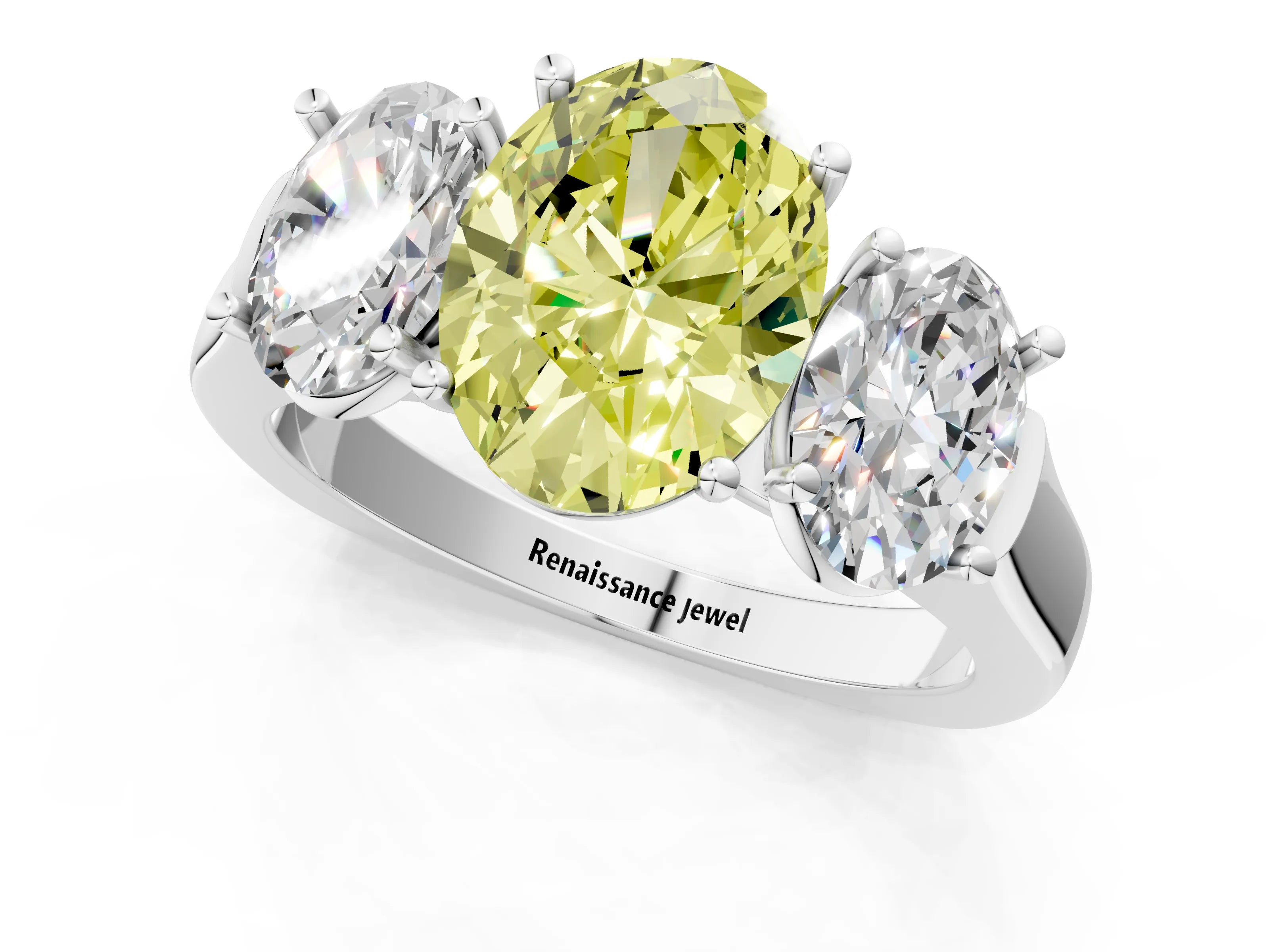 White gold Three-Stone Fancy Yellow Oval Cut Brilliant Diamond Trellis Ring with Comfort Fit Band_13