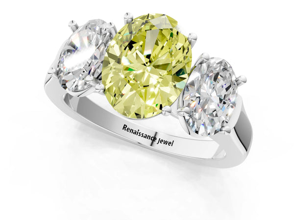 Platinum Three-Stone Fancy Yellow Oval Cut Brilliant Diamond Trellis Ring with Comfort Fit Band