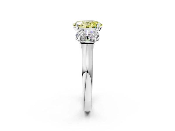 Platinum Three-Stone Fancy Yellow Oval Cut Brilliant Diamond Trellis Ring with Comfort Fit Band