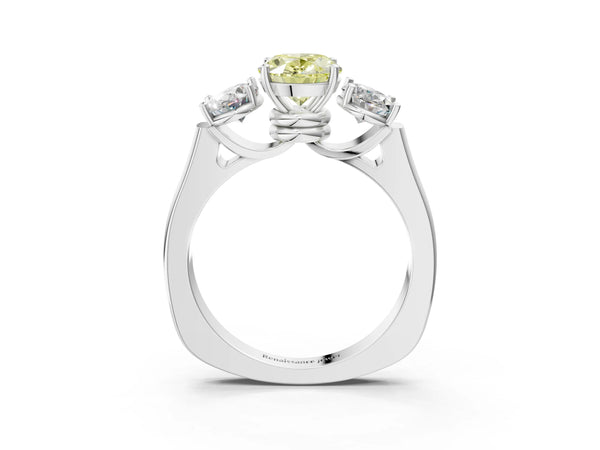 Platinum Three-Stone Fancy Yellow Oval Cut Brilliant Diamond Trellis Ring with Comfort Fit Band