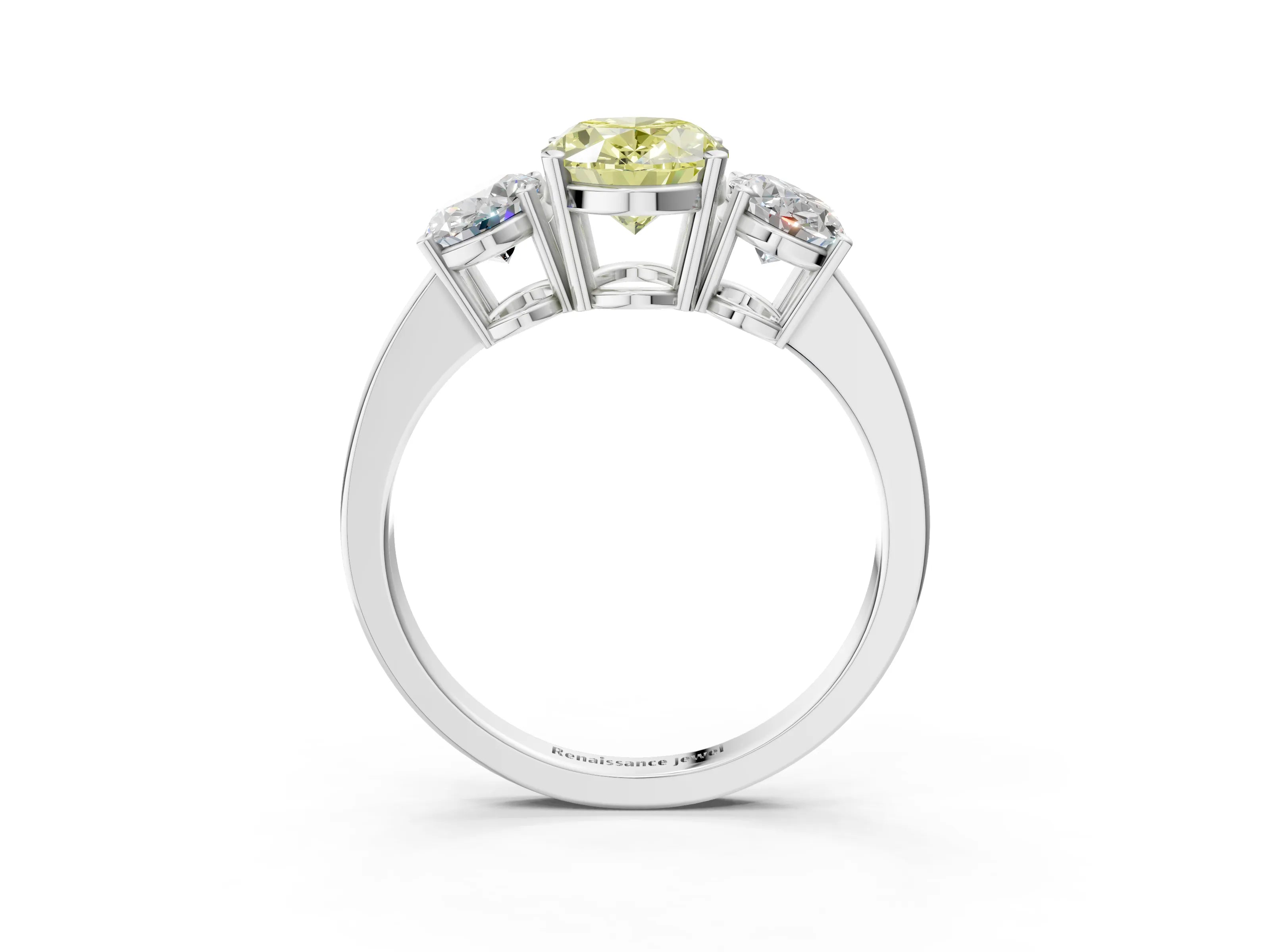 White gold Three-Stone Fancy Yellow Oval Cut Cut Diamond Engagement Ring with Flat Band and Four-Prong Setting_3