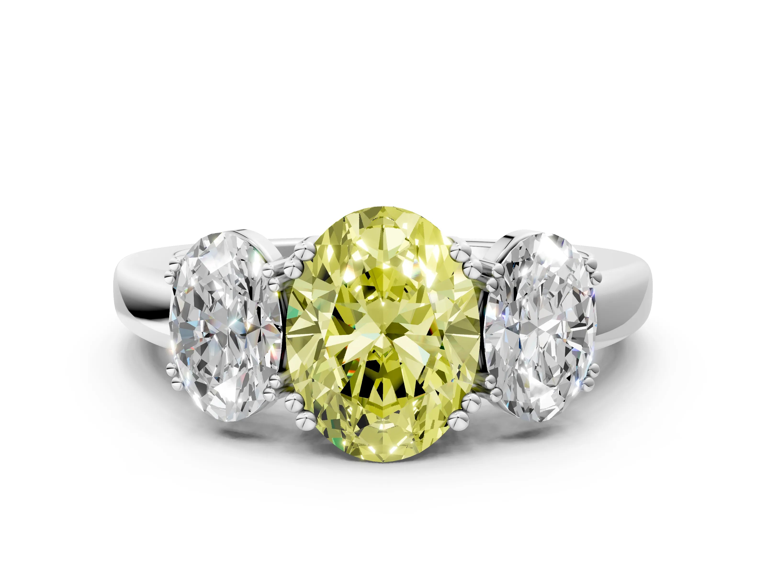 White gold Three-Stone Fancy Yellow Oval Cut Cut Diamond Ring with Channel Set Band and Four-Prong Setting