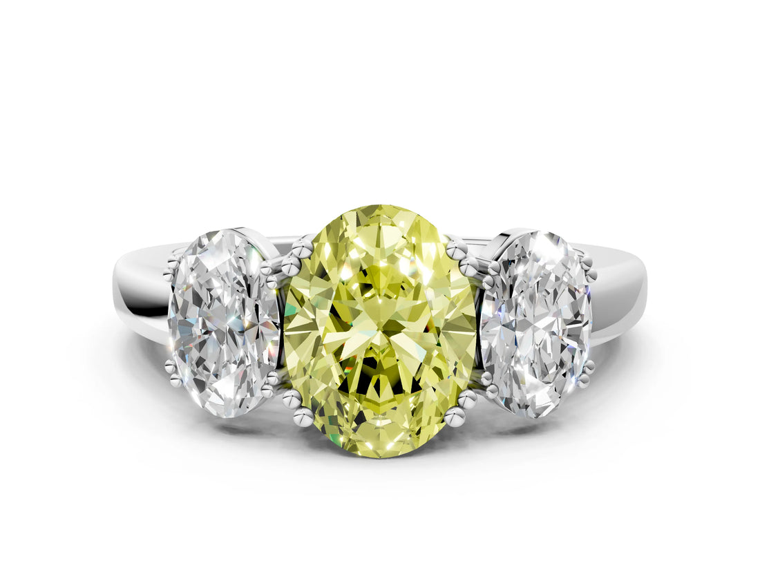 White gold Three-Stone Fancy Yellow Oval Cut Cut Diamond Ring with Channel Set Band and Four-Prong Setting_12