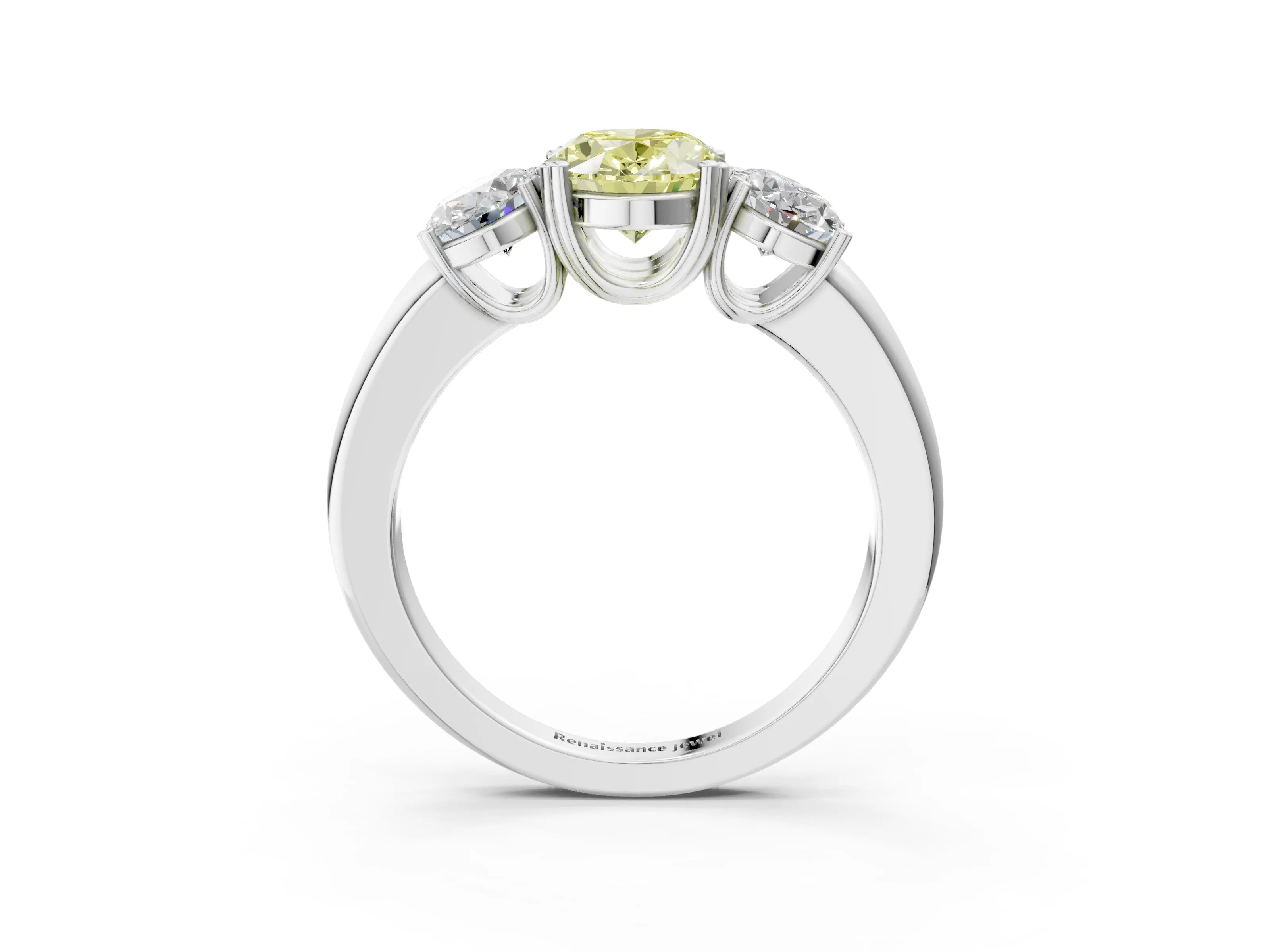 White gold Three-Stone Fancy Yellow Oval Cut Cut Diamond Ring with Channel Set Band and Four-Prong Setting_3