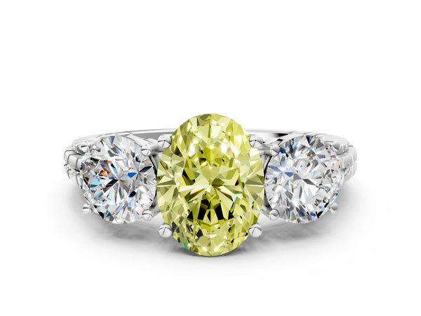 Platinum Three-Stone Fancy Yellow Oval Cut Cut Diamond Ring with Channel-Set Band and Prong Setting