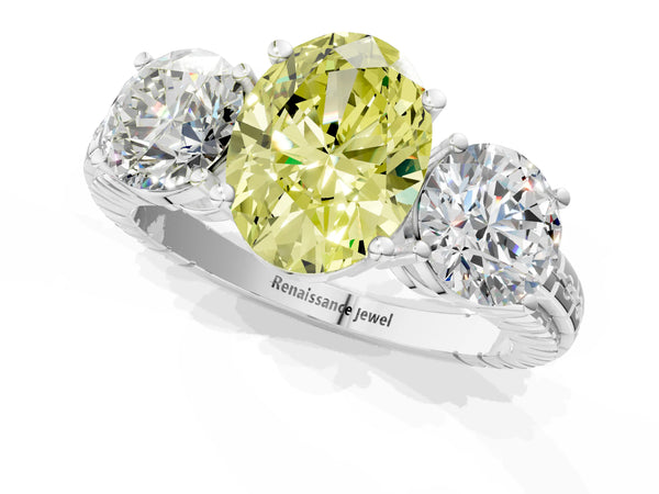 Platinum Three-Stone Fancy Yellow Oval Cut Cut Diamond Ring with Channel-Set Band and Prong Setting