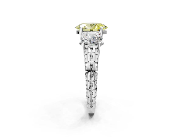 Platinum Three-Stone Fancy Yellow Oval Cut Cut Diamond Ring with Channel-Set Band and Prong Setting