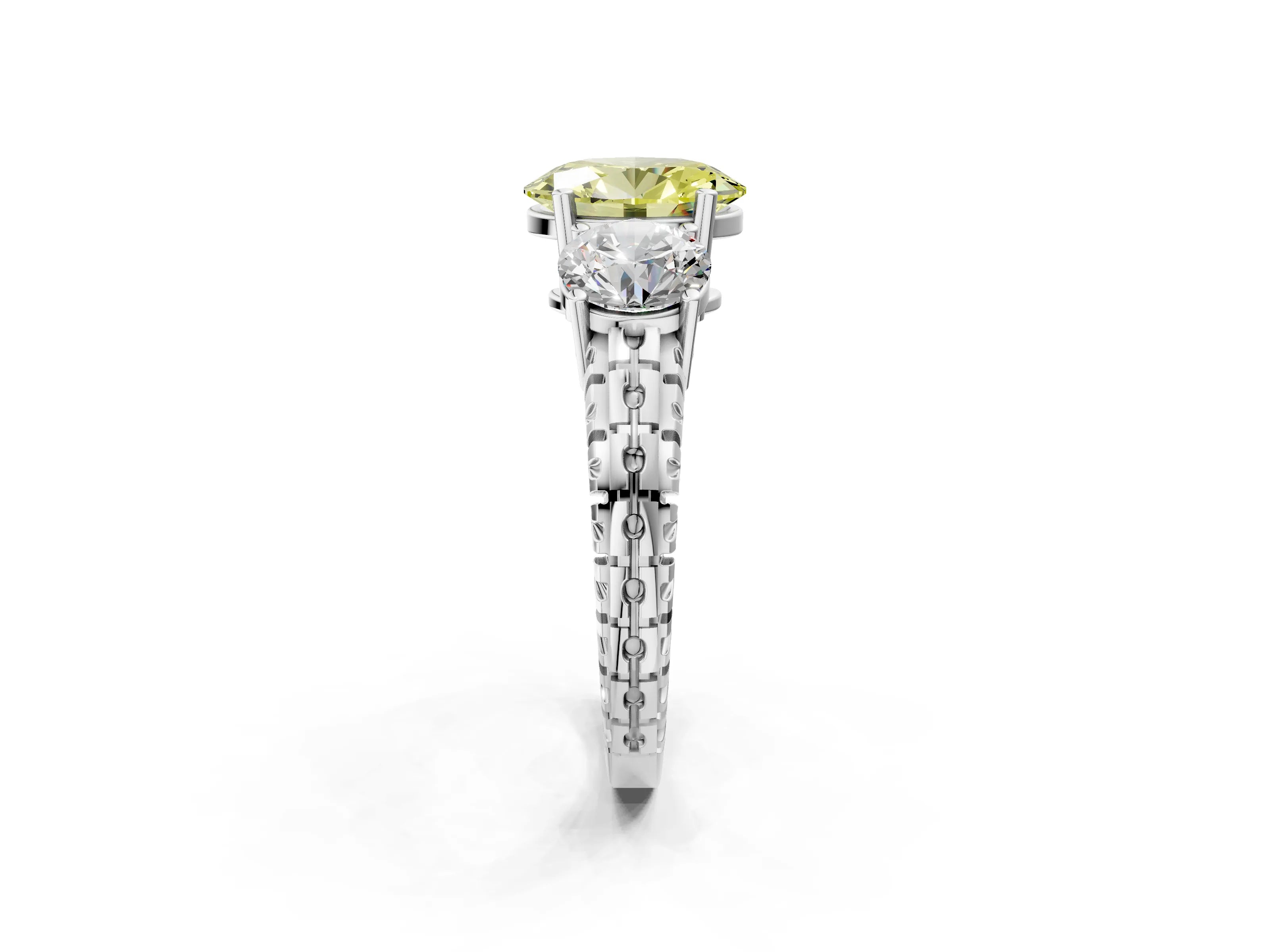 White gold Three-Stone Fancy Yellow Oval Cut Cut Diamond Ring with Channel-Set Band and Prong Setting_2