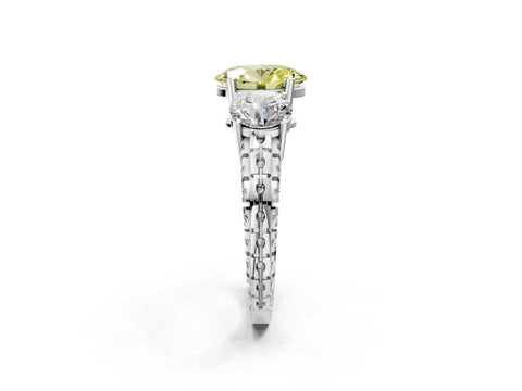 White gold Three-Stone Fancy Yellow Oval Cut Cut Diamond Ring with Channel-Set Band and Prong Setting_2