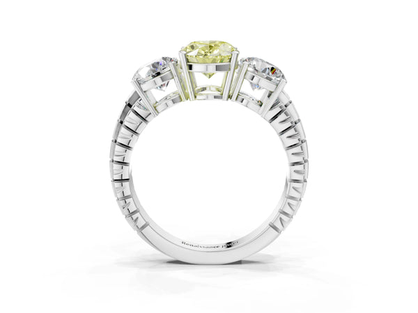 Platinum Three-Stone Fancy Yellow Oval Cut Cut Diamond Ring with Channel-Set Band and Prong Setting