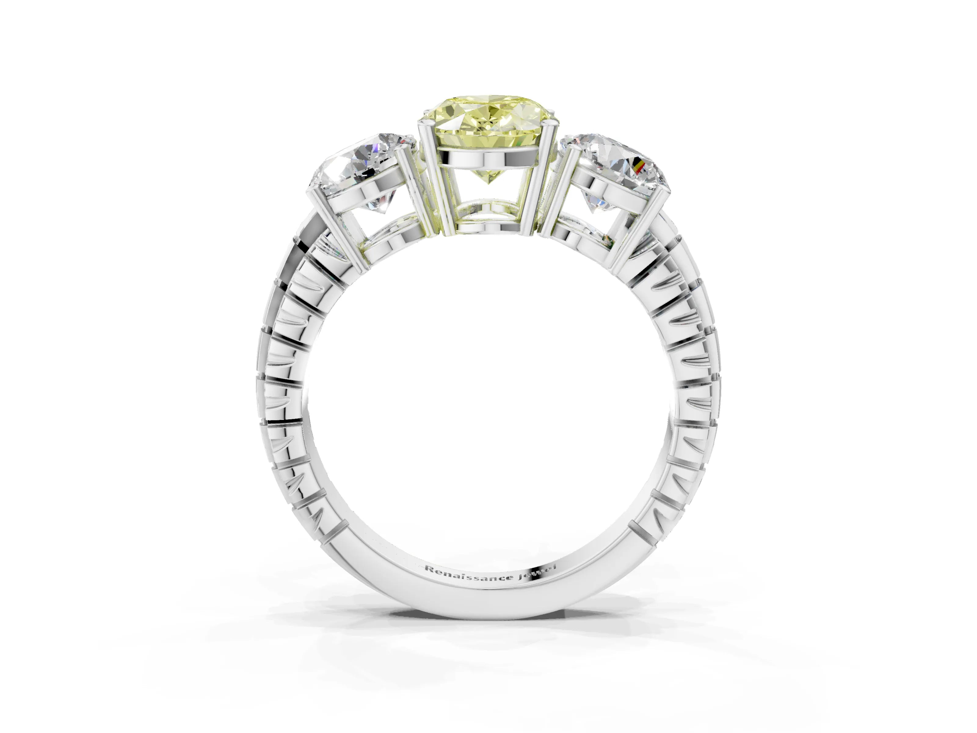 White gold Three-Stone Fancy Yellow Oval Cut Cut Diamond Ring with Channel-Set Band and Prong Setting_3
