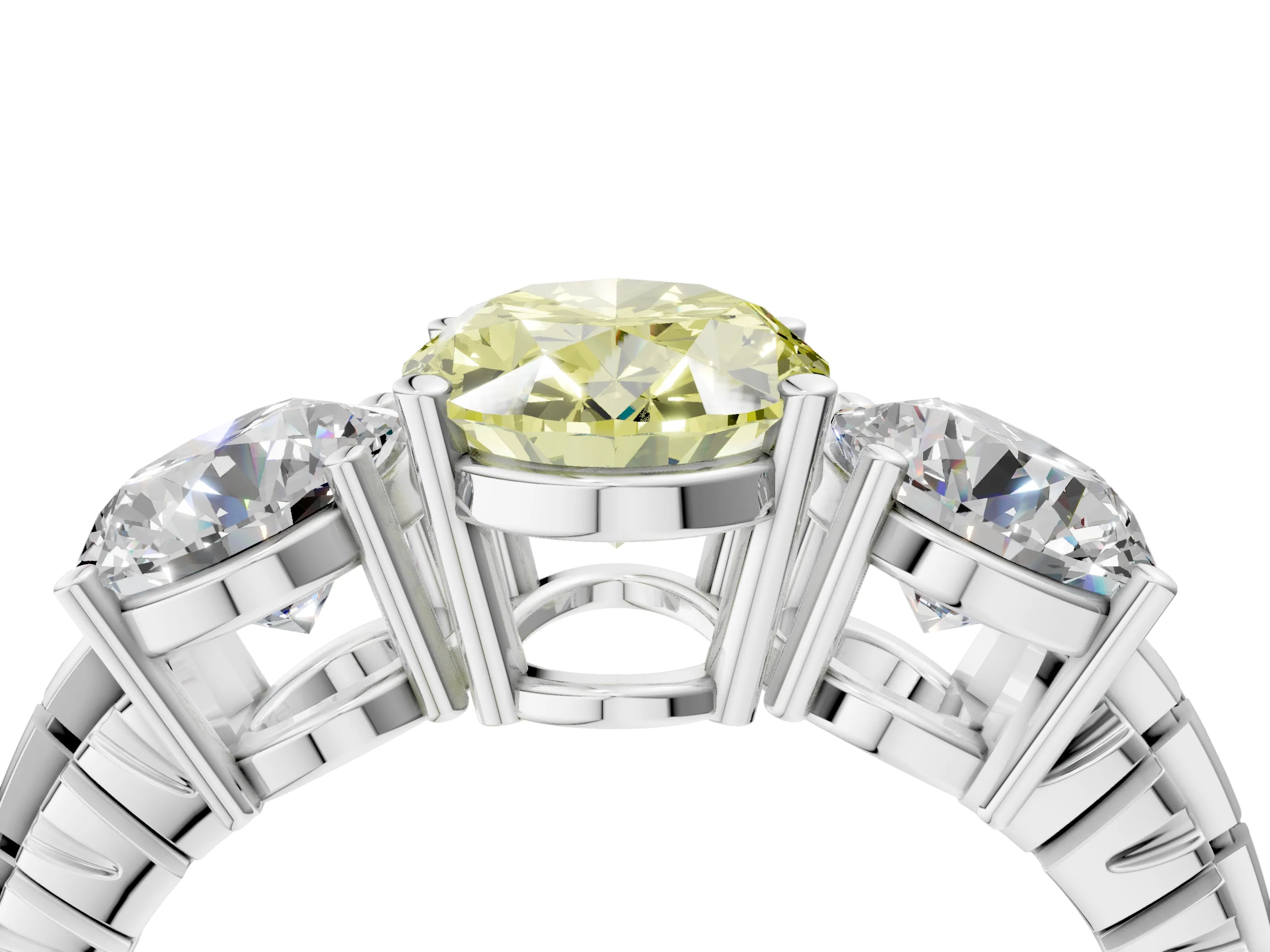 White gold Three-Stone Fancy Yellow Oval Cut Cut Diamond Ring with Channel-Set Band and Prong Setting_4