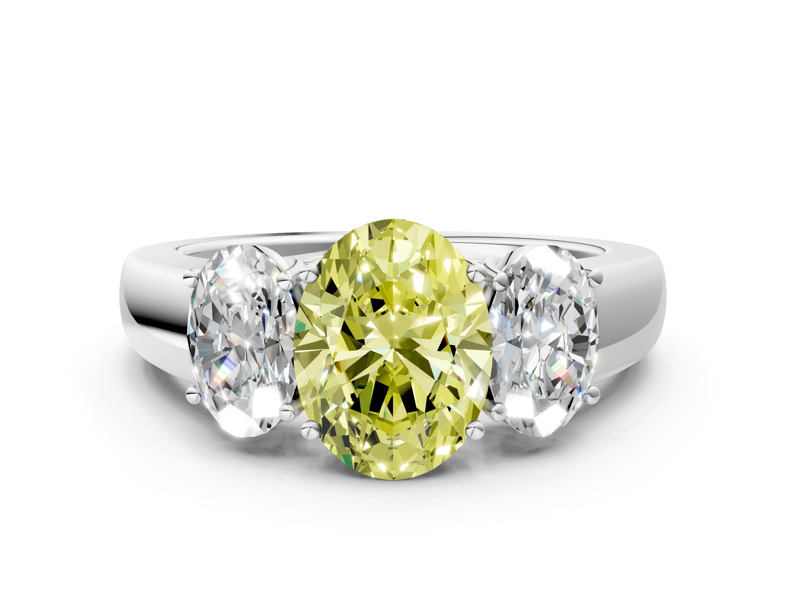 White gold Three-Stone Fancy Yellow Oval Cut Cut Diamond Ring with Prong Setting and Classic Band