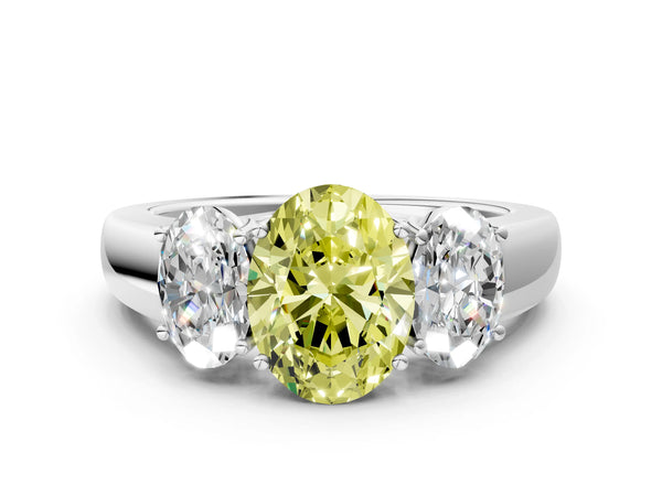 Platinum Three-Stone Fancy Yellow Oval Cut Cut Diamond Ring with Prong Setting and Classic Band