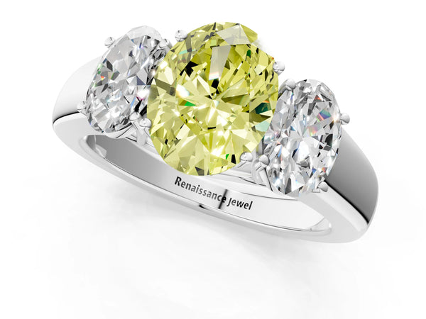 Platinum Three-Stone Fancy Yellow Oval Cut Cut Diamond Ring with Prong Setting and Classic Band